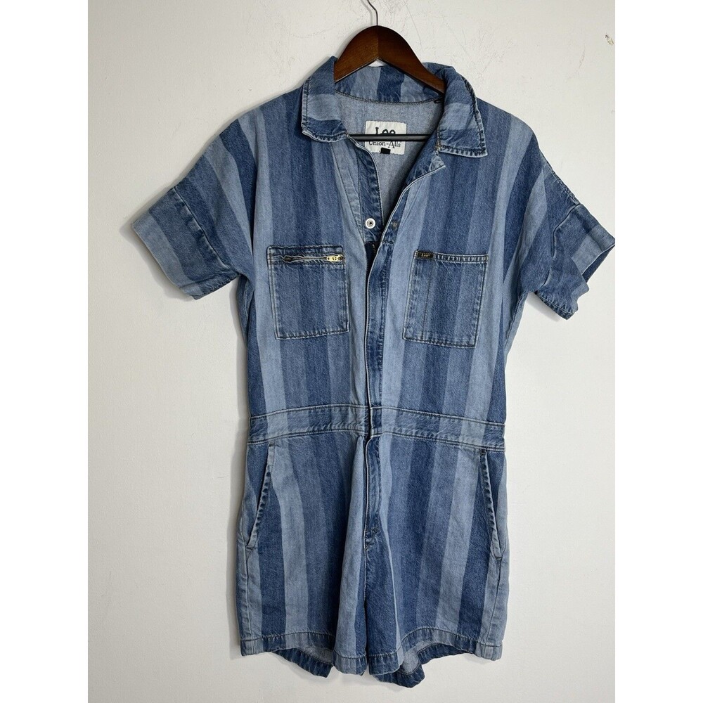 Lee Union-Alls Jumpsuit Wms M Blue Denim Railroad Striped Coverall Short Sleeve